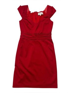 Badgley Mischka Crimson V-Neck Pleated Waist Midi Dress